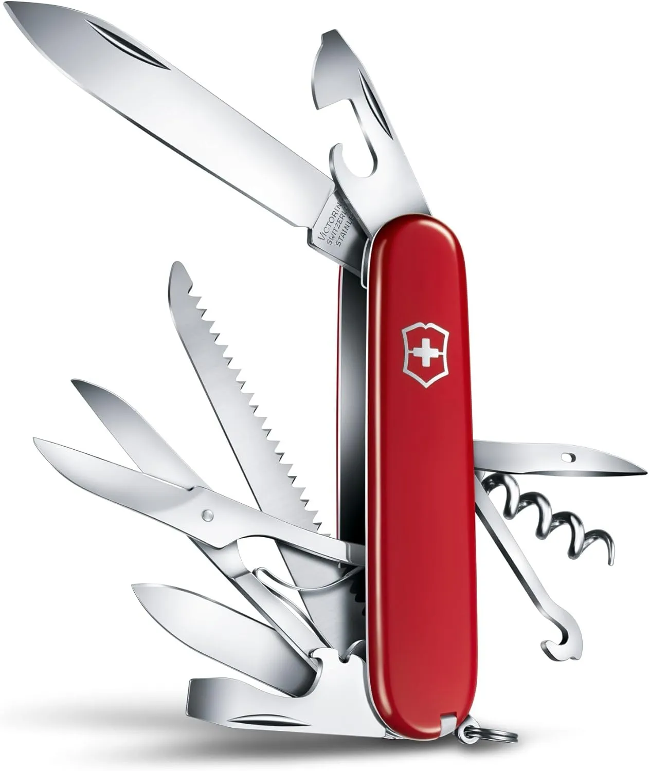 Victorinox Huntsman Swiss Army Knife, 15 Functions, Swiss Made Pocket Knife with Large Blade, Screwdriver, Scissors and Wood Saw - Red