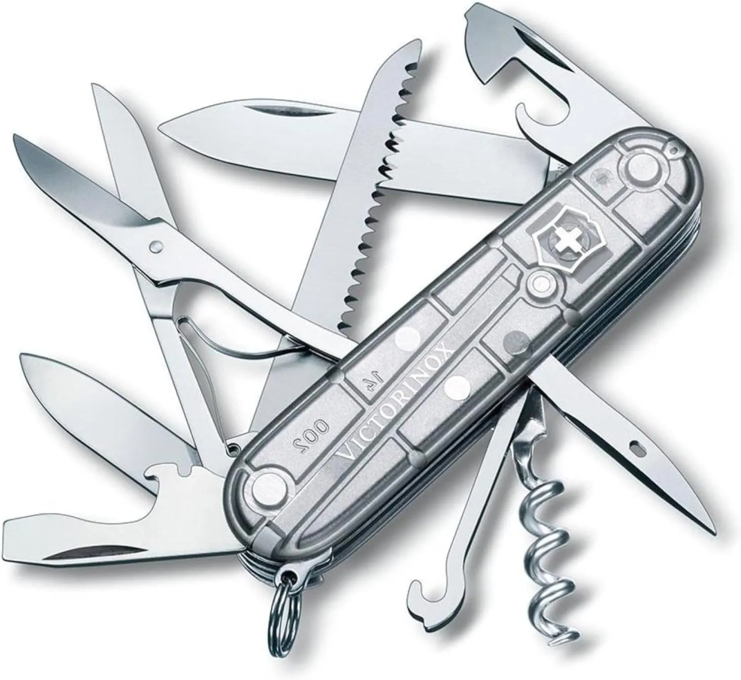 Victorinox Huntsman Swiss Army Knife, 15 Functions, Swiss Made Pocket Knife with Large Blade, Screwdriver, Scissors and Wood Saw - Silver Tech
