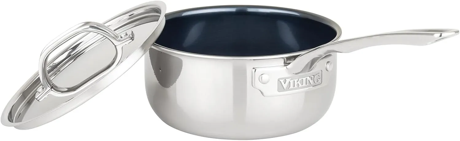 Viking 4-Ply Sauce Pan with Lid, 2 Quart Laser Clad Titanium Performance Ti Saucepan Cooking Pot, Dishwasher and Oven Safe, Induction Ready, Blue/Silver