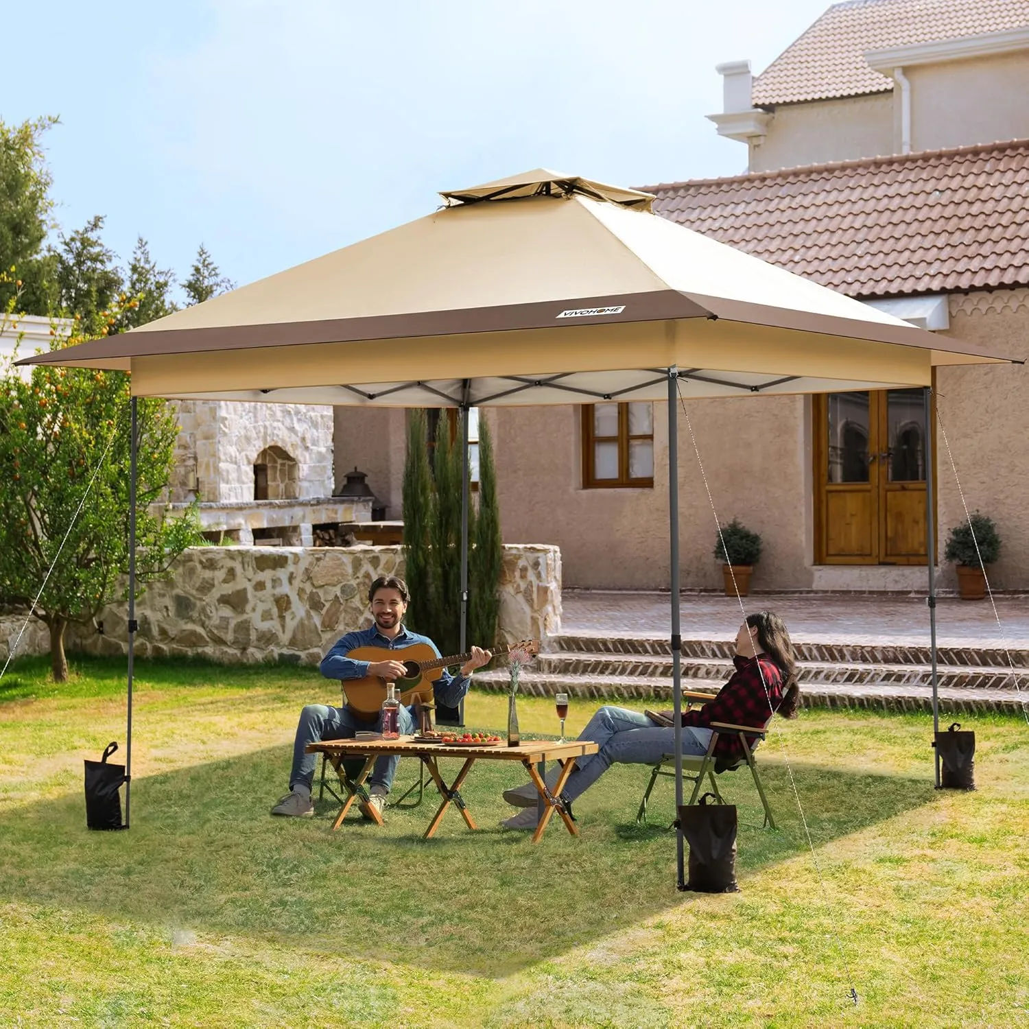VIVOHOME10x10ft Pop Up Canopy Tent One Push Setup Outdoor Portable Shelter Tent Heavy Duty with Wheel Carry Bag and 4 Sandbags,2 Tiers Roof for Patio Garden Backyard, Beige