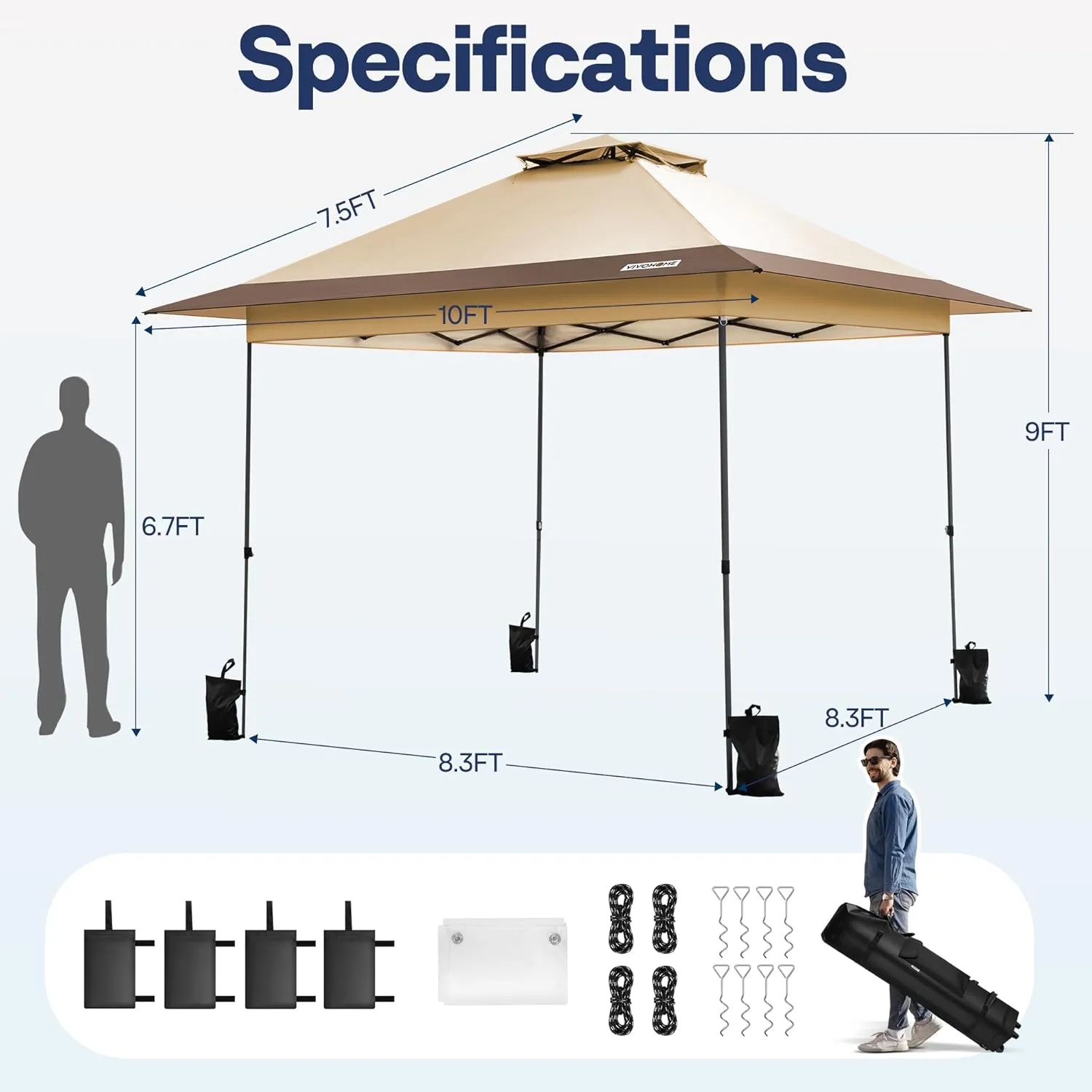 VIVOHOME10x10ft Pop Up Canopy Tent One Push Setup Outdoor Portable Shelter Tent Heavy Duty with Wheel Carry Bag and 4 Sandbags,2 Tiers Roof for Patio Garden Backyard, Beige