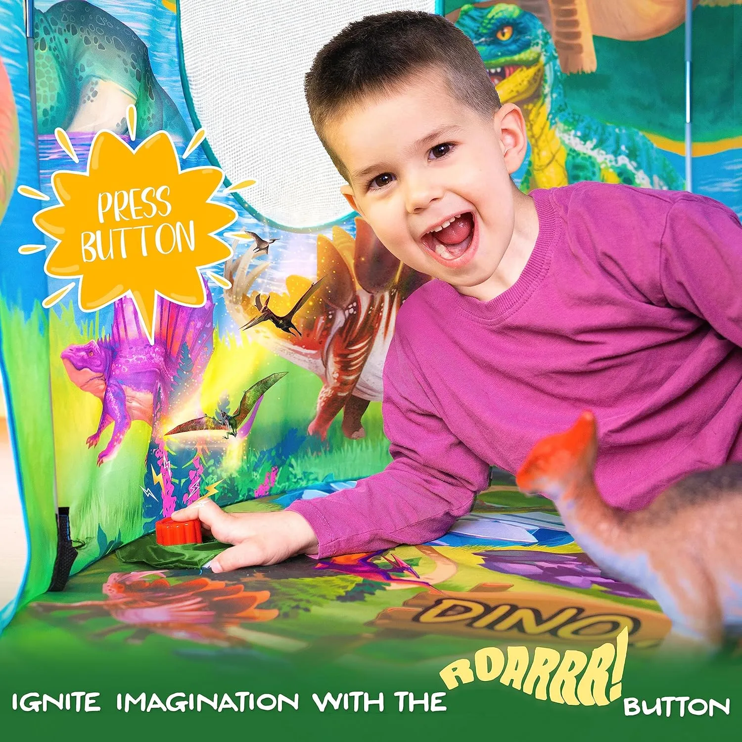 W&O Dino Paradise Play Tent with Roar Button - Epic Pop Up Tent for Boys & Girls - Perfect for Indoor & Outdoor Adventures