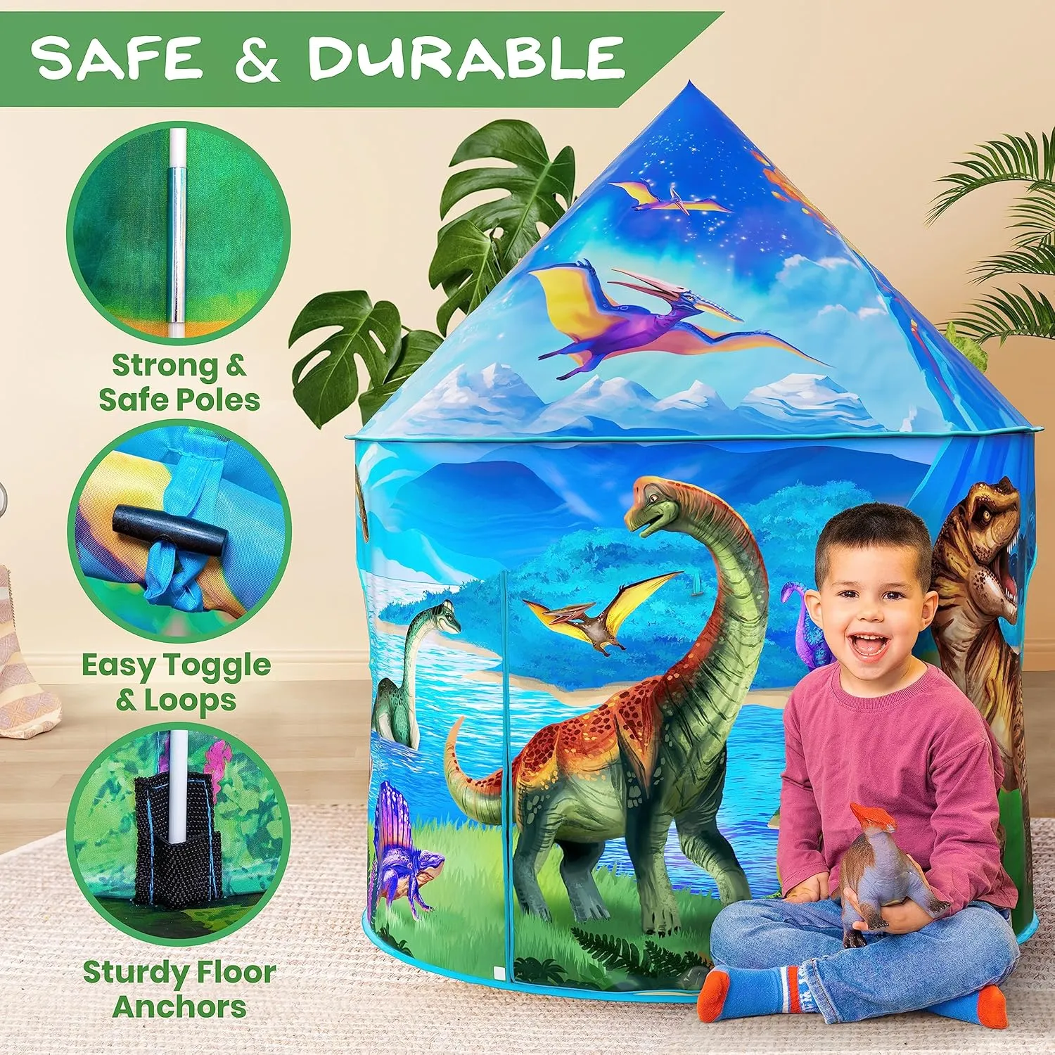 W&O Dino Paradise Play Tent with Roar Button - Epic Pop Up Tent for Boys & Girls - Perfect for Indoor & Outdoor Adventures