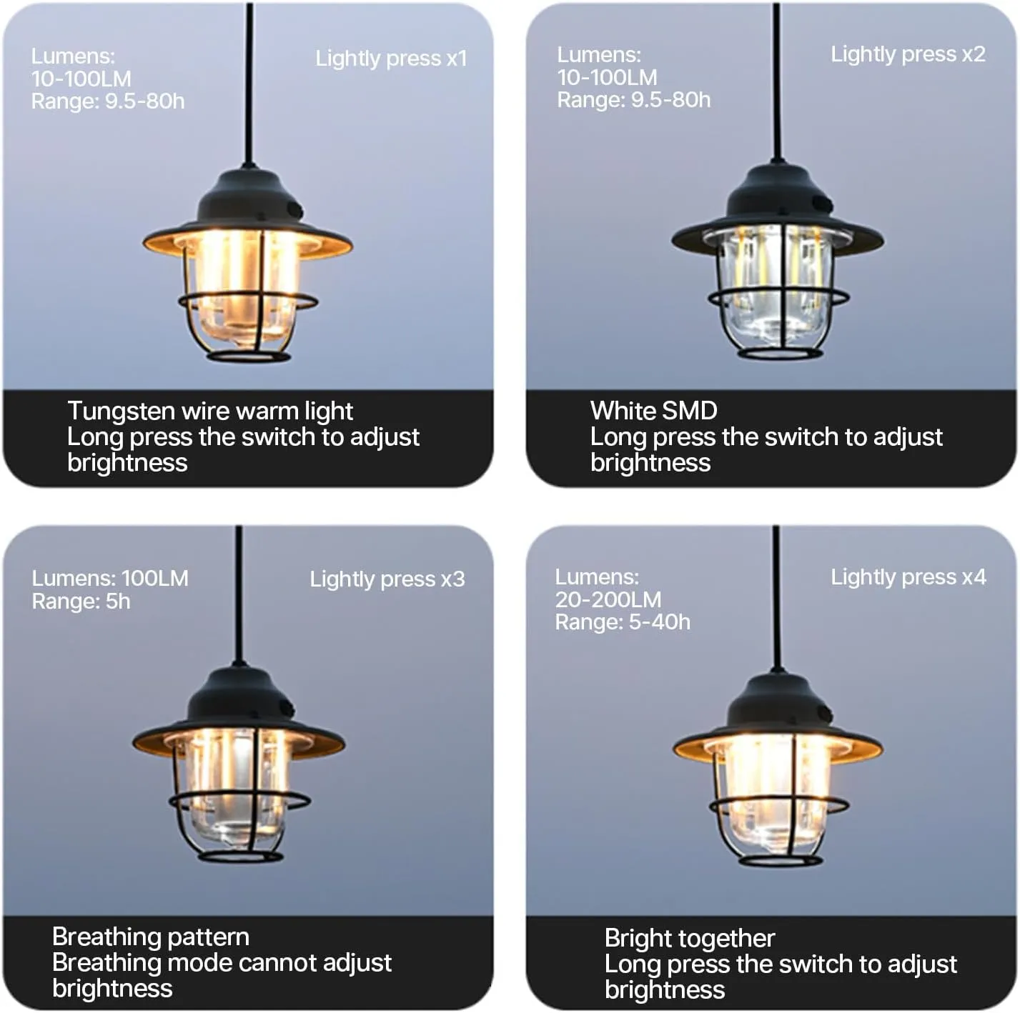 Watertight Camping Tent Lamp Rechargeables Lamp Decors Hangings Lamp with 4 Lighting Modes