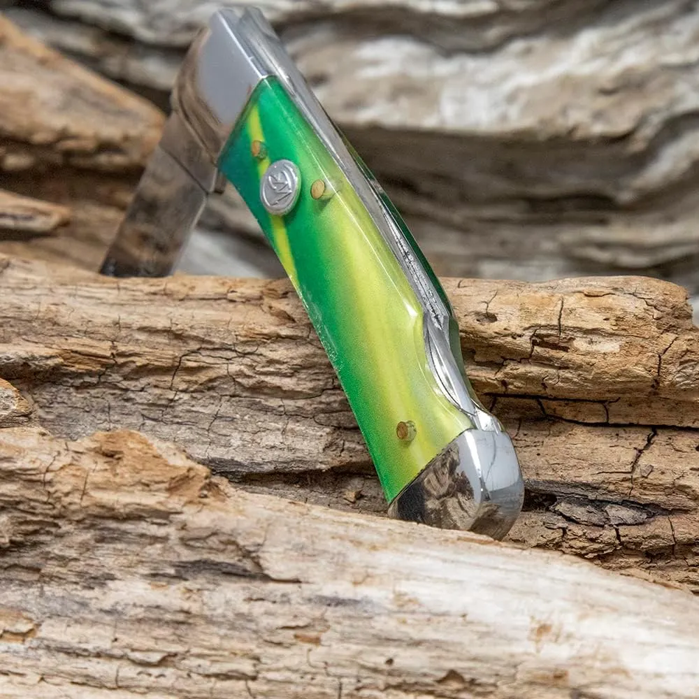 WHISKEY BENT HAT CO. Traditional Lock Blade Folding Pocket Knife 3.75" Closed Length 440C Stainless Steel Blade (Green Gold Opal)