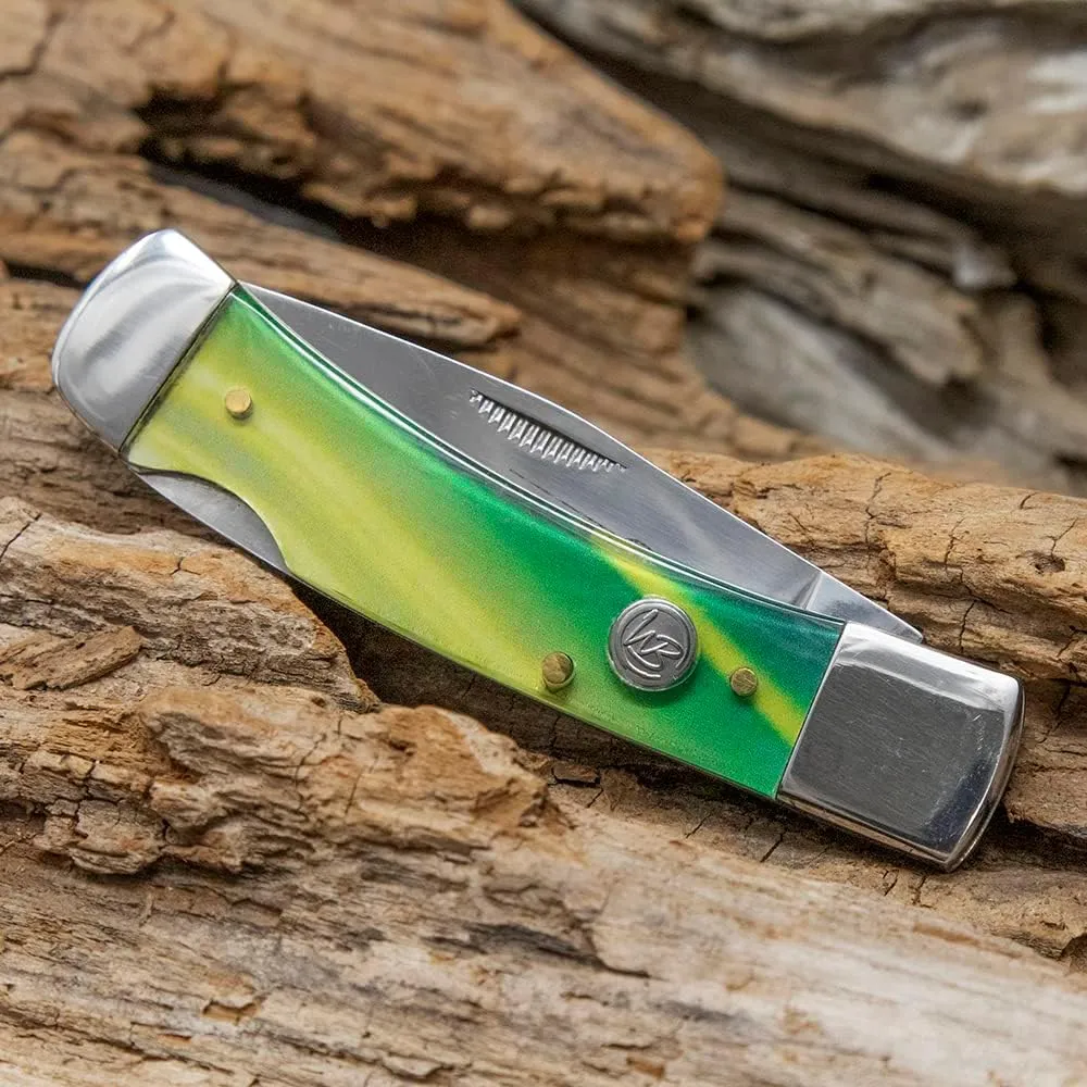 WHISKEY BENT HAT CO. Traditional Lock Blade Folding Pocket Knife 3.75" Closed Length 440C Stainless Steel Blade (Green Gold Opal)
