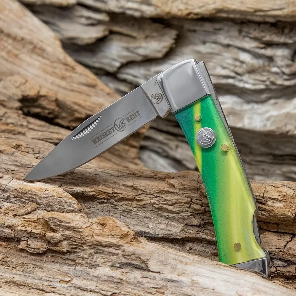 WHISKEY BENT HAT CO. Traditional Lock Blade Folding Pocket Knife 3.75" Closed Length 440C Stainless Steel Blade (Green Gold Opal)
