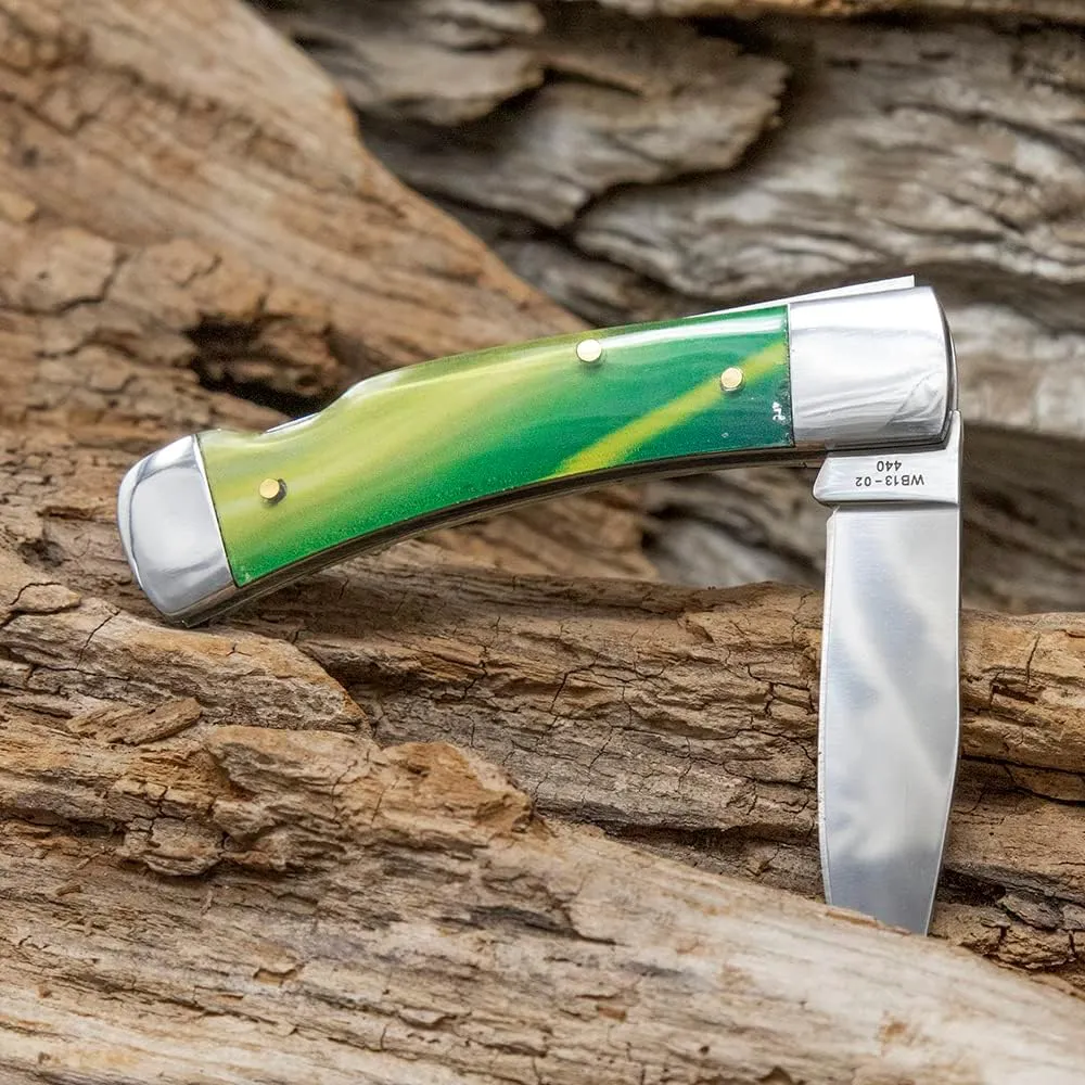 WHISKEY BENT HAT CO. Traditional Lock Blade Folding Pocket Knife 3.75" Closed Length 440C Stainless Steel Blade (Green Gold Opal)