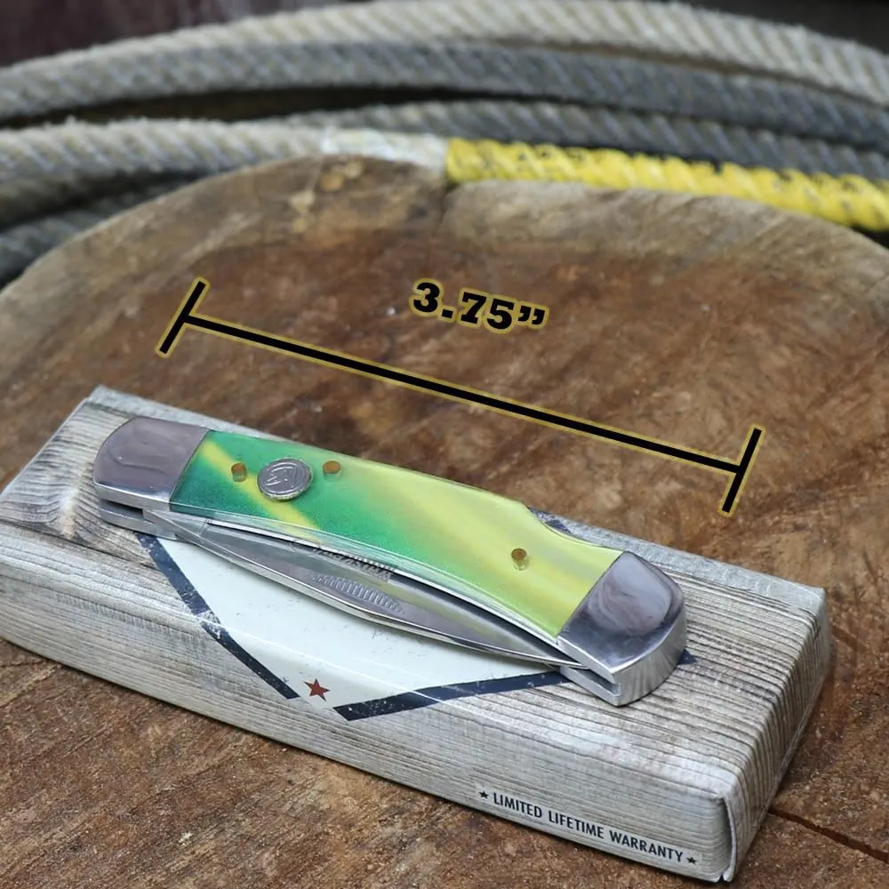 WHISKEY BENT HAT CO. Traditional Lock Blade Folding Pocket Knife 3.75" Closed Length 440C Stainless Steel Blade (Green Gold Opal)