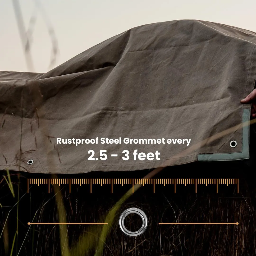 WHITEDUCK Canvas Tarp 18 oz. Heavy Duty Waterproof UV Resistant, Rustproof Grommets, Industrial & Commercial Use Cloth Tarp (Cut Size: 10'x14', Finished Size: 9'6"x13'6", Olive Drab)