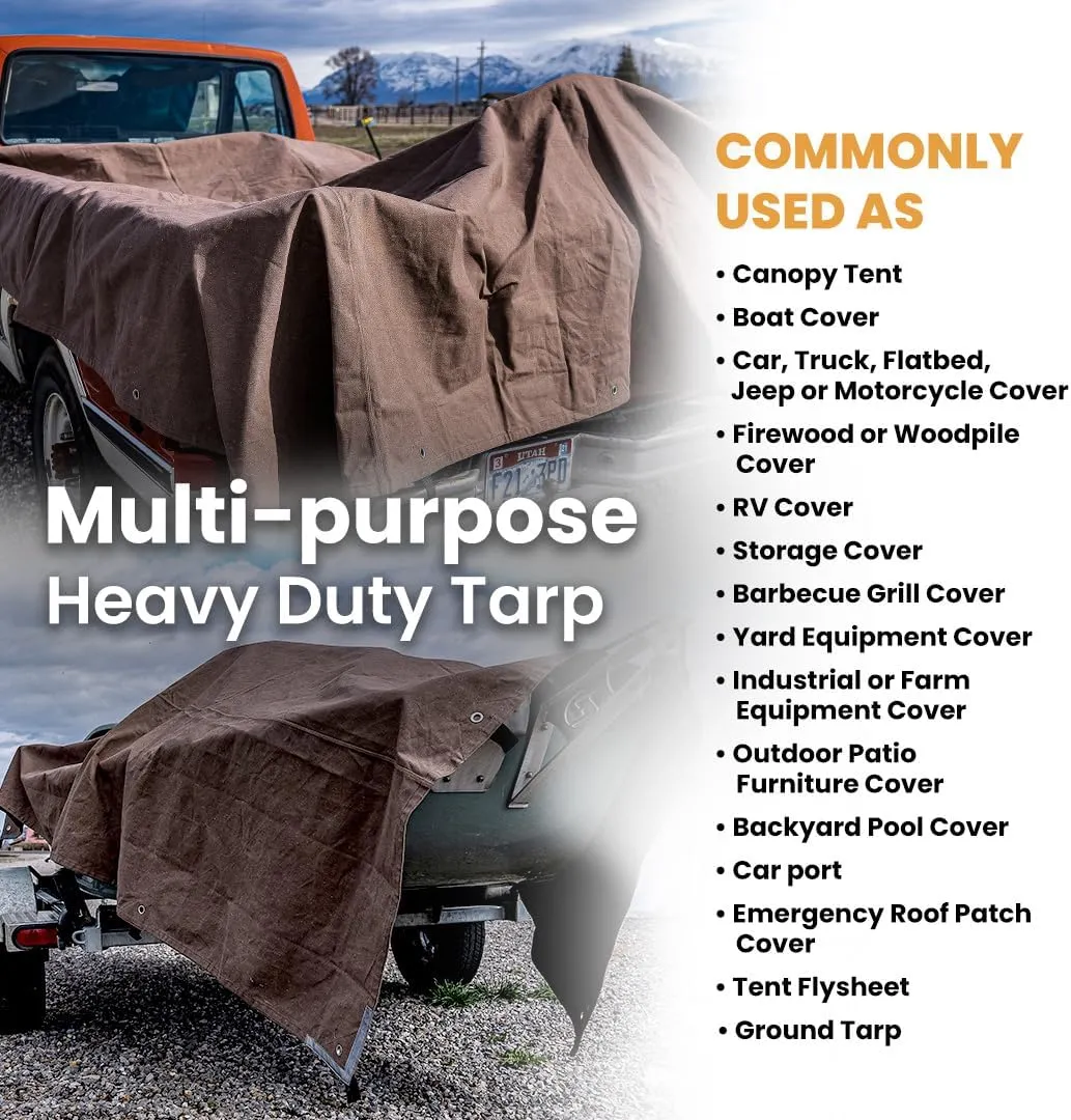 WHITEDUCK Canvas Tarp 18 oz. Heavy Duty Waterproof UV Resistant, Rustproof Grommets, Industrial & Commercial Use Cloth Tarp (Cut Size: 8'x12', Finished Size: 76x11'6, Brown)