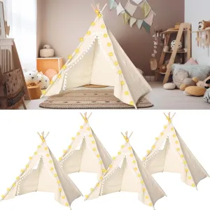 Windyun 4 Pcs Teepee Tent for Kids with Lights Cotton Linen Kid Sleepover Tent Foldable Sleepover Party Supplies for Girls Boys Toddler Slumber Party Indoor Outdoor (Beige White)