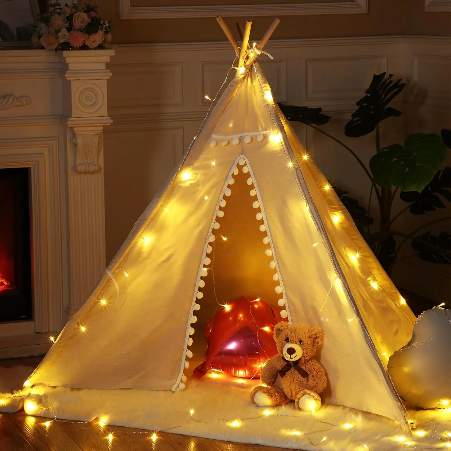 Windyun 4 Pcs Teepee Tent for Kids with Lights Cotton Linen Kid Sleepover Tent Foldable Sleepover Party Supplies for Girls Boys Toddler Slumber Party Indoor Outdoor (Beige White)