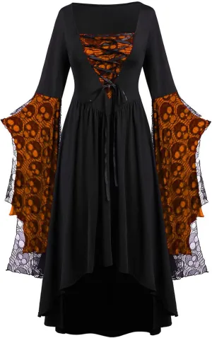 Women Vintage Maxi Dresses Gothic Plus Size Skull Lace Print Halloween Party Dress Long Sleeve Bandage Swing Dress