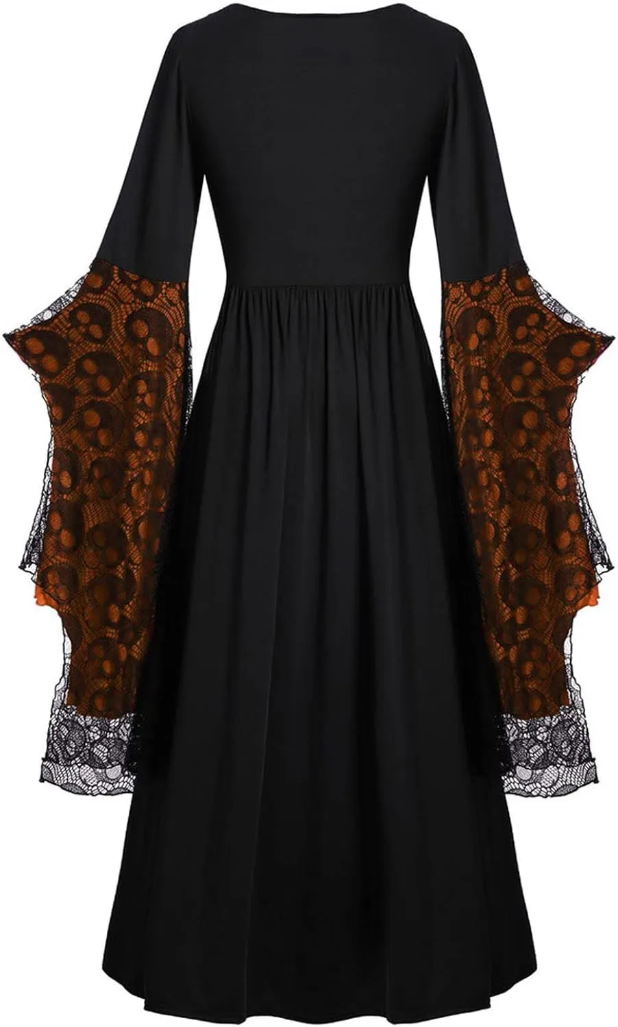 Women Vintage Maxi Dresses Gothic Plus Size Skull Lace Print Halloween Party Dress Long Sleeve Bandage Swing Dress