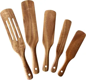 Wooden Spurtle Set, NAYAHOSE 5 Pcs Natural Teak Kitchen Utensil Set Heat Resistant Non Stick Wood Cookware with Hanging Hole, Slotted Spurtle Spatula Sets for Stirring, Mixing, Serving