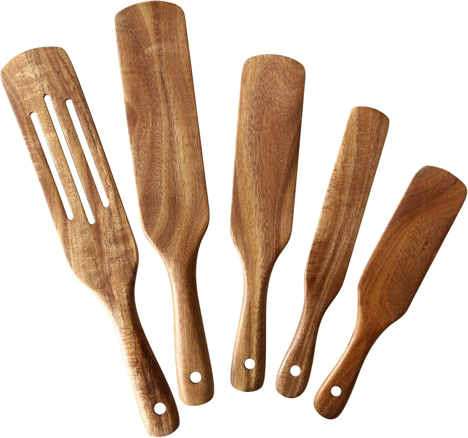 Wooden Spurtle Set, NAYAHOSE 5 Pcs Natural Teak Kitchen Utensil Set Heat Resistant Non Stick Wood Cookware with Hanging Hole, Slotted Spurtle Spatula Sets for Stirring, Mixing, Serving