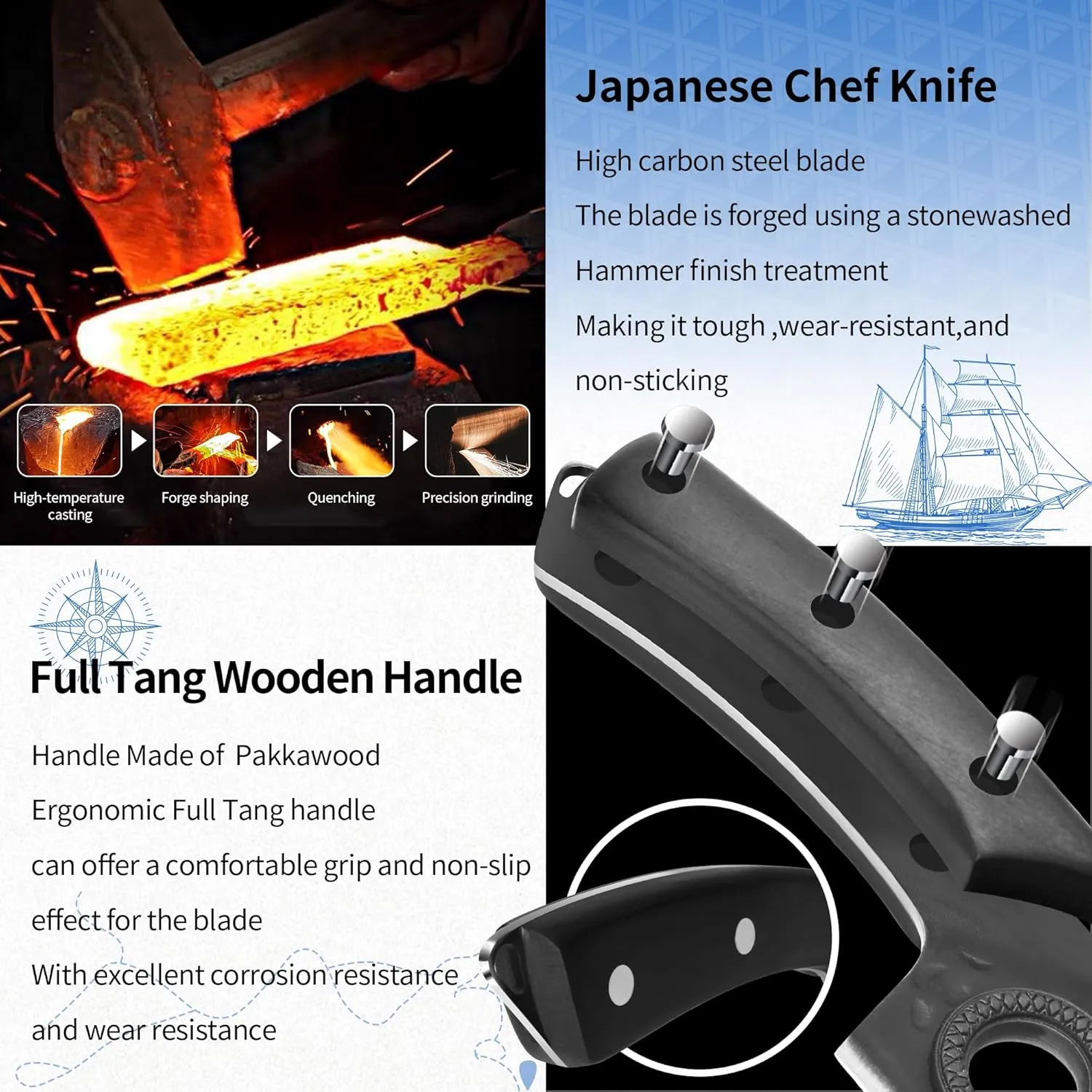 XYJ Knife Block Set, Professional Kitchen Knife Set with Magnetic Knife Block, Cutting Board, Honing Steel, High-Carbon Steel forged Blades, Chef's Knife, Cleaver, Carving Knife, Full Tang Design