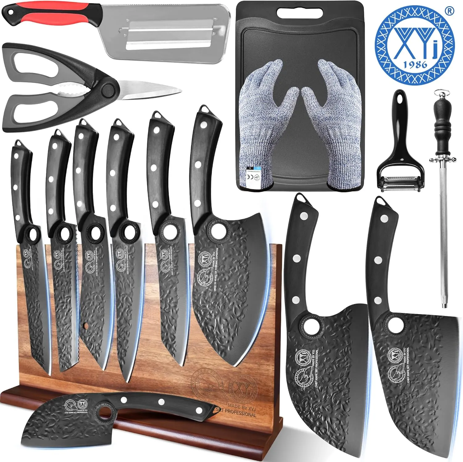 XYJ Knife Block Set, Professional Kitchen Knife Set with Magnetic Knife Block, Cutting Board, Honing Steel, High-Carbon Steel forged Blades, Chef's Knife, Cleaver, Carving Knife, Full Tang Design
