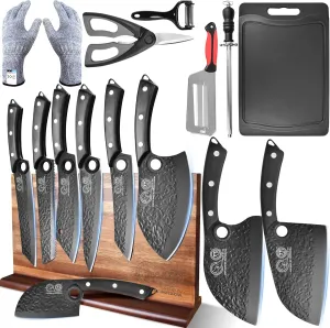XYJ Knife Block Set, Professional Kitchen Knife Set with Magnetic Knife Block, Cutting Board, Honing Steel, High-Carbon Steel forged Blades, Chef's Knife, Cleaver, Carving Knife, Full Tang Design