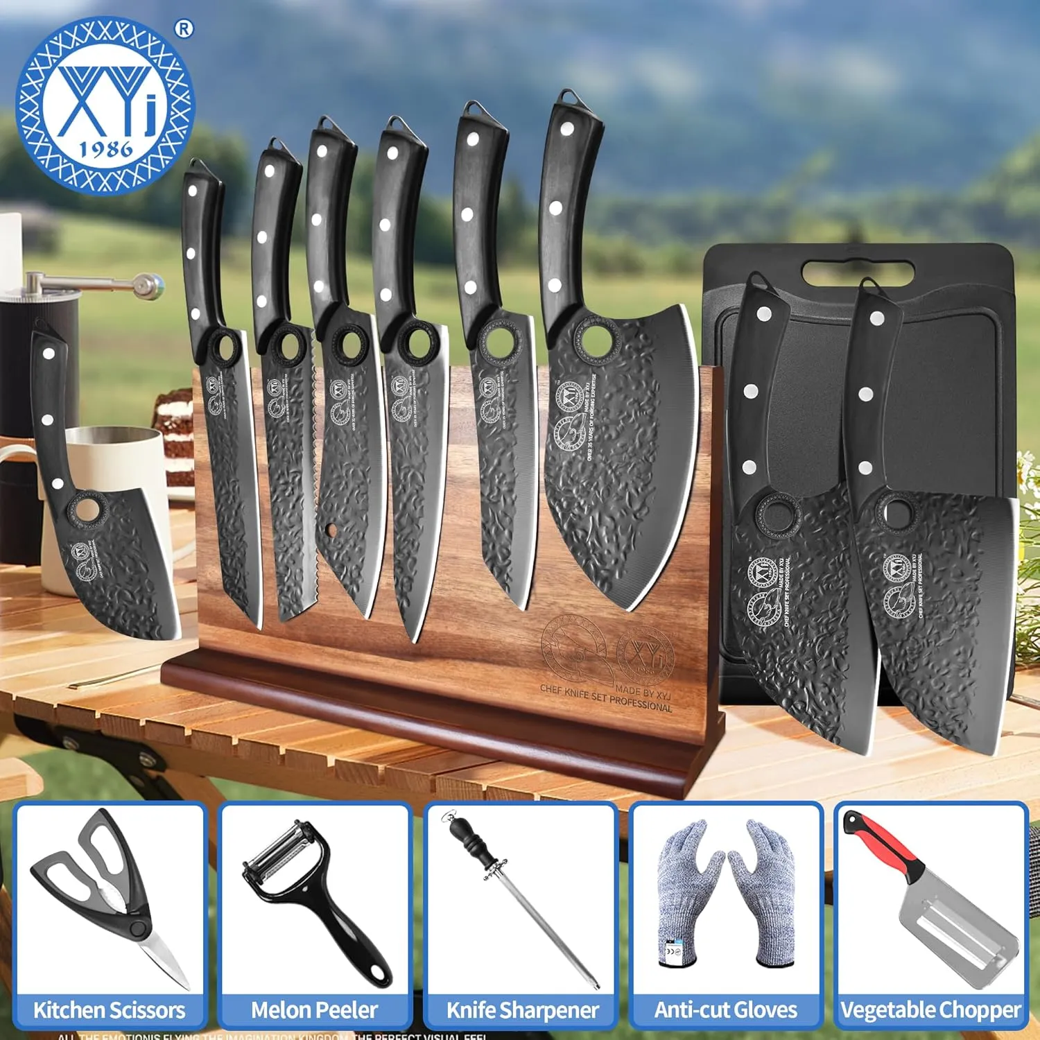 XYJ Knife Block Set, Professional Kitchen Knife Set with Magnetic Knife Block, Cutting Board, Honing Steel, High-Carbon Steel forged Blades, Chef's Knife, Cleaver, Carving Knife, Full Tang Design