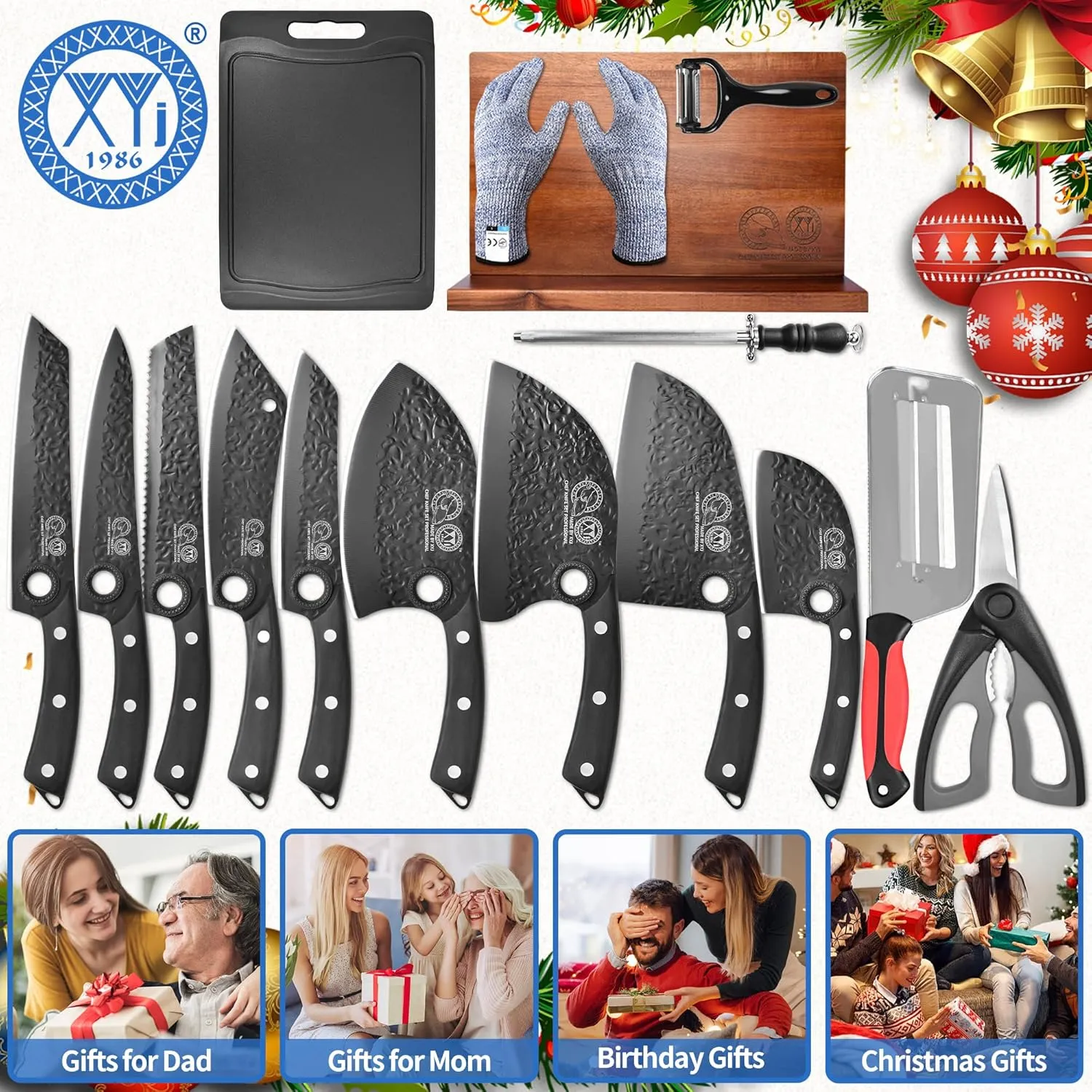 XYJ Knife Block Set, Professional Kitchen Knife Set with Magnetic Knife Block, Cutting Board, Honing Steel, High-Carbon Steel forged Blades, Chef's Knife, Cleaver, Carving Knife, Full Tang Design