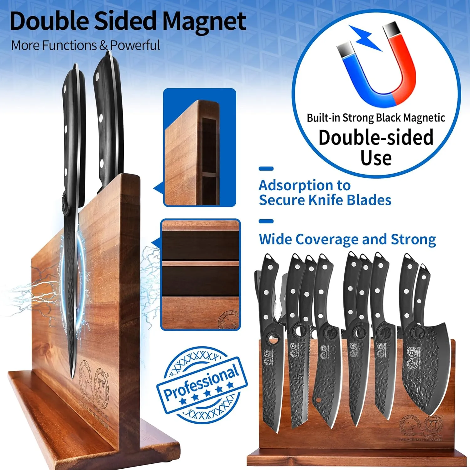 XYJ Knife Block Set, Professional Kitchen Knife Set with Magnetic Knife Block, Cutting Board, Honing Steel, High-Carbon Steel forged Blades, Chef's Knife, Cleaver, Carving Knife, Full Tang Design