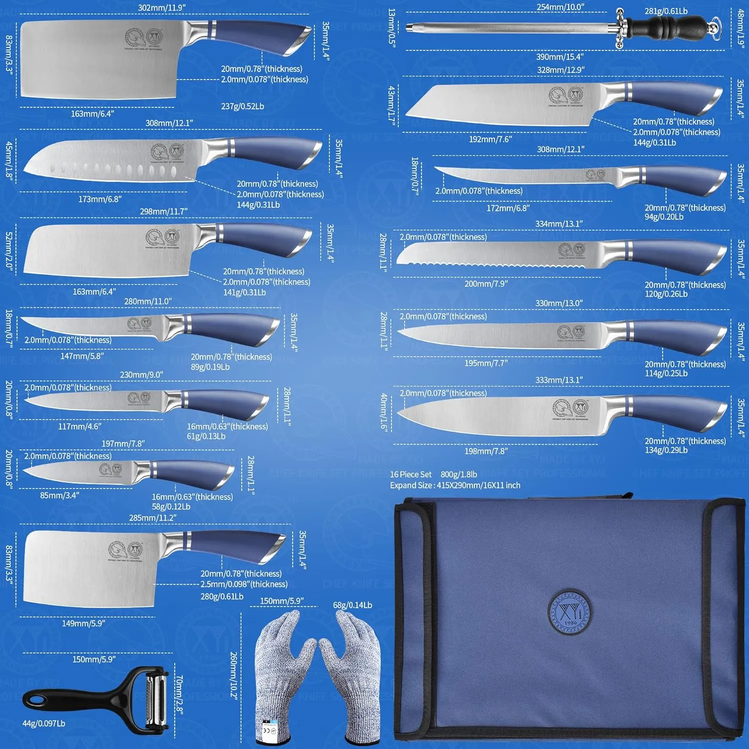 XYJ Knives,Professional Knife Sets for Master Chefs,12-pcs Chef Knife Set with Bag,Meat Cleaver Butcher for Camping