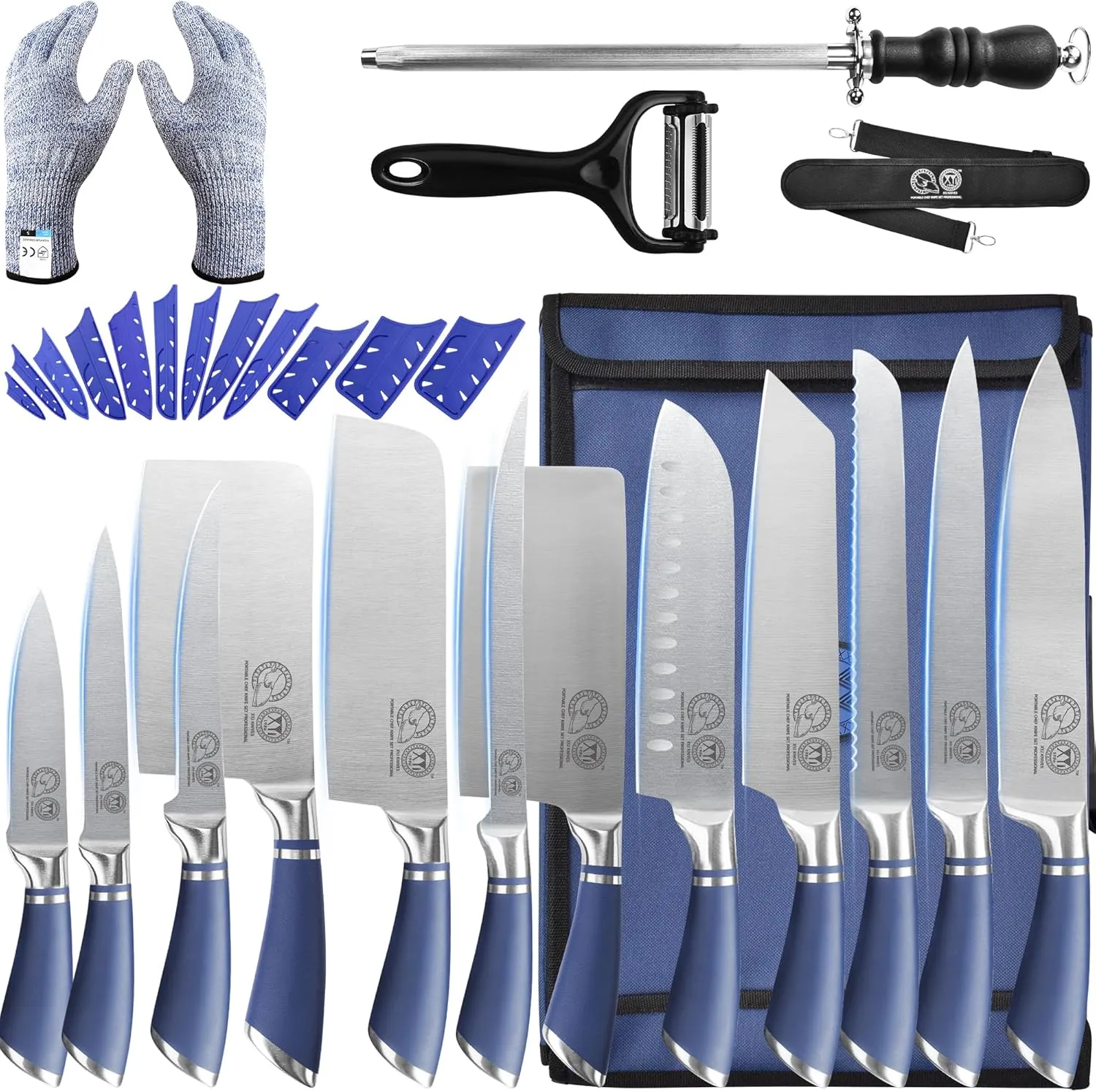 XYJ Knives,Professional Knife Sets for Master Chefs,12-pcs Chef Knife Set with Bag,Meat Cleaver Butcher for Camping