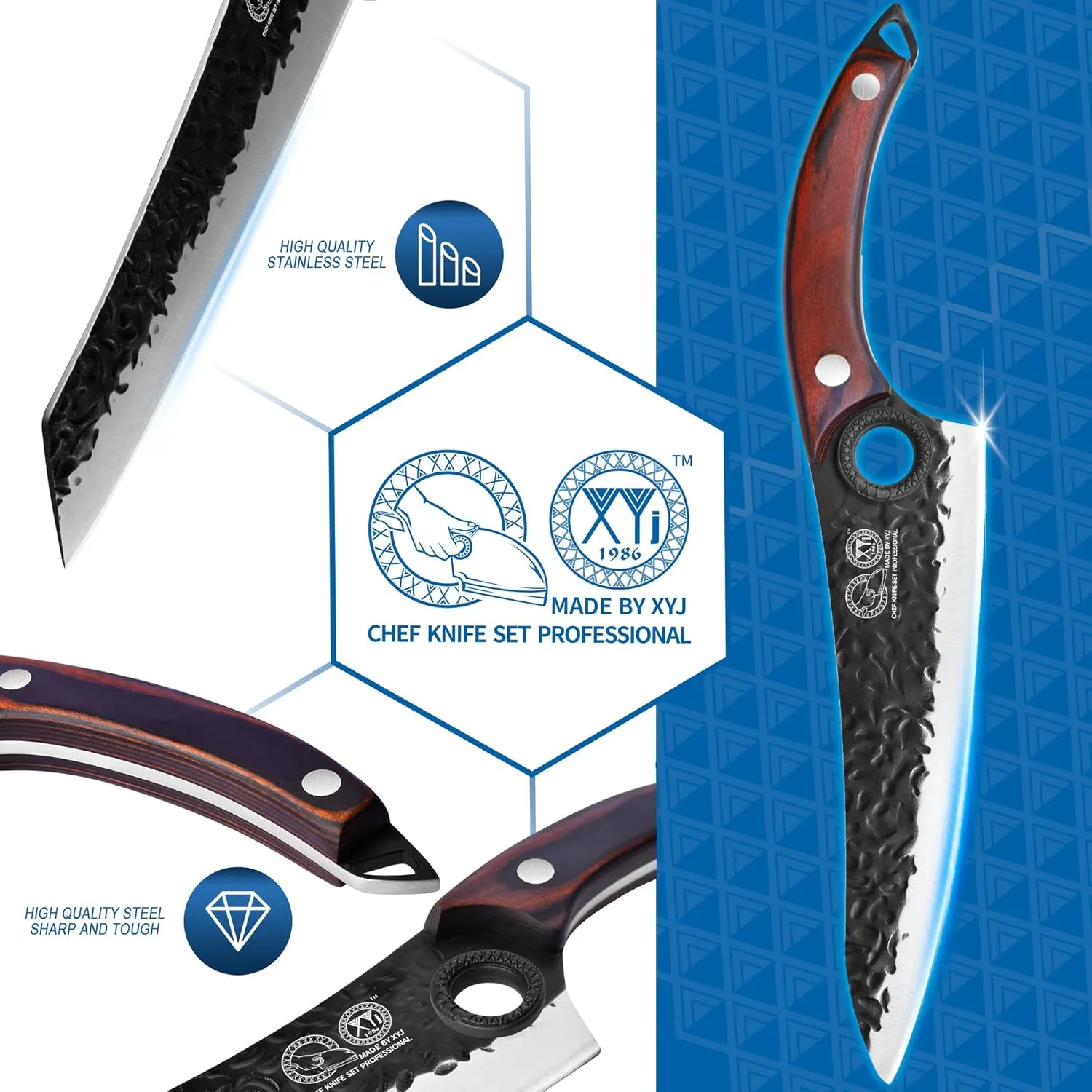 XYJ Professional Kitchen Knife Set with High-Carbon Steel Forged Blades, Chef's Knife, Cleaver, Carving Knife, Nakiri, Full Tang Design, Includes Carrying Bag & Poultry Scissors