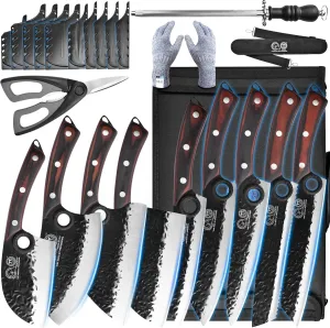 XYJ Professional Serbian Chef Knife Set with Roll Bag, Japanese Culinary Knives, Meat Cleaver, Kitchen Chopping Knife, and Protective Sleeves, Perfect for Home Cooking or Outdoor Camping (13)