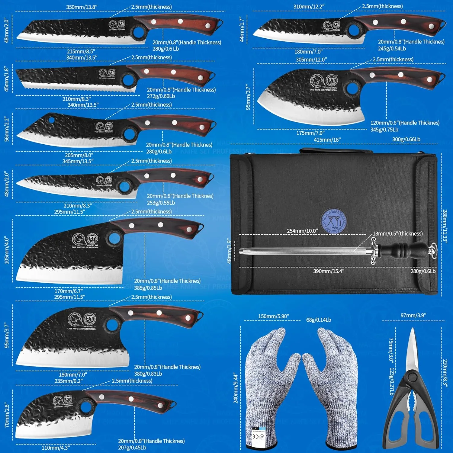 XYJ Professional Serbian Chef Knife Set with Roll Bag, Japanese Culinary Knives, Meat Cleaver, Kitchen Chopping Knife, and Protective Sleeves, Perfect for Home Cooking or Outdoor Camping (13)