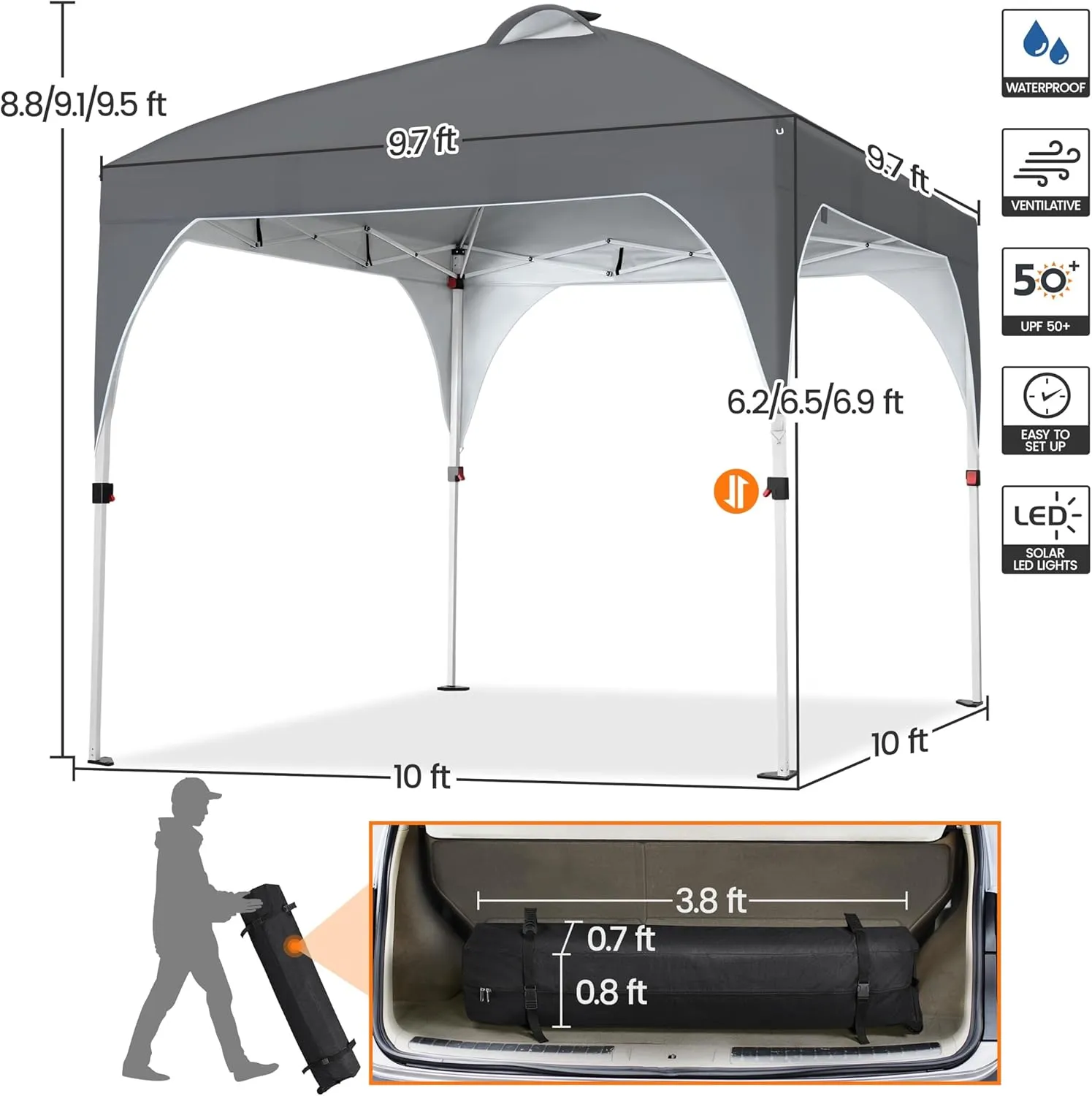 Yaheetech 10x10 Pop-Up Canopy Tent with 17 Solar LED Lights & Top Vent, Portable Outdoor Canopy Easy Setup Sun Shade Canopy Adjustable Tent with Wheeled Bag, 12 Stakes, 4 Sandbags & 4 Ropes, Dark Gray