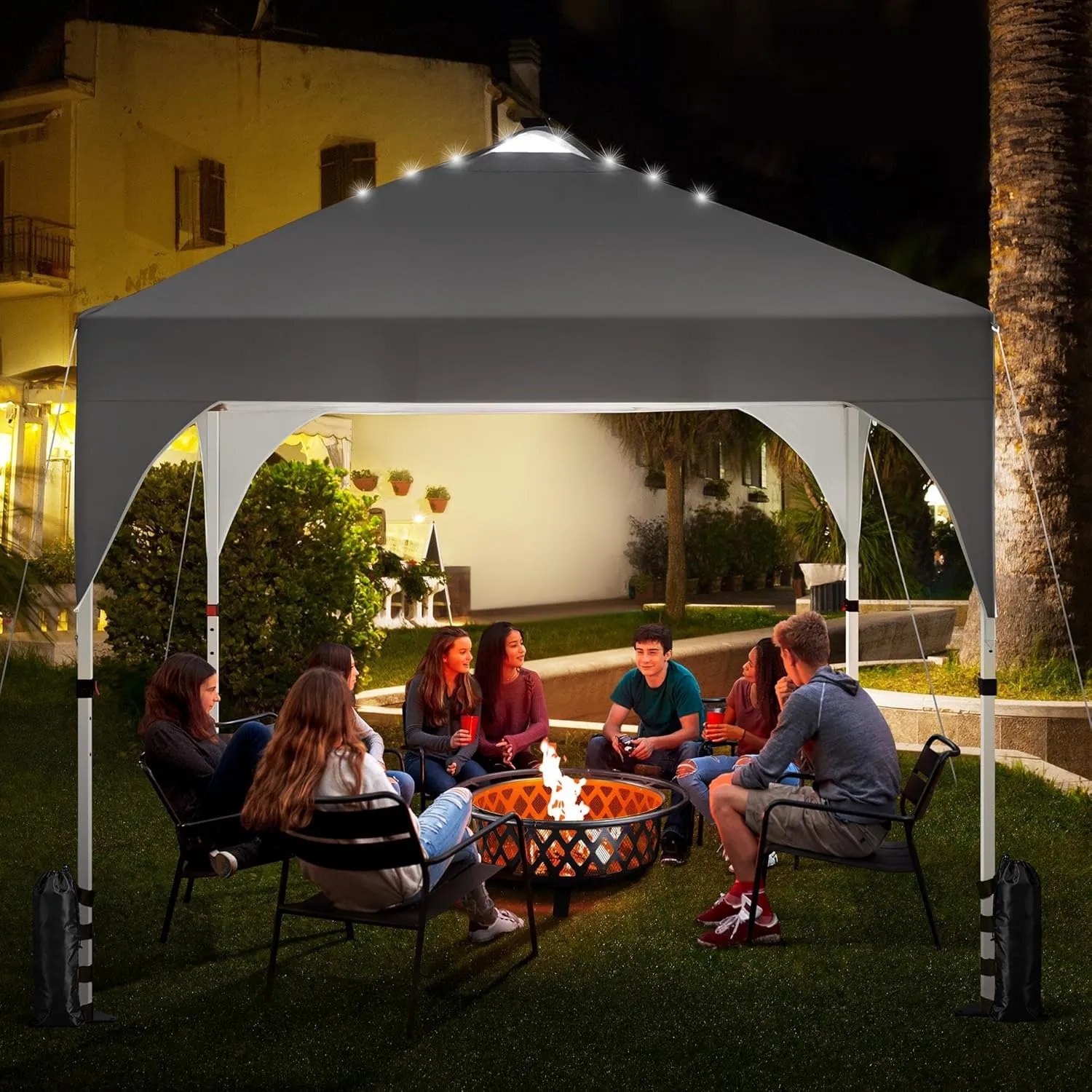 Yaheetech 10x10 Pop-Up Canopy Tent with 17 Solar LED Lights & Top Vent, Portable Outdoor Canopy Easy Setup Sun Shade Canopy Adjustable Tent with Wheeled Bag, 12 Stakes, 4 Sandbags & 4 Ropes, Dark Gray