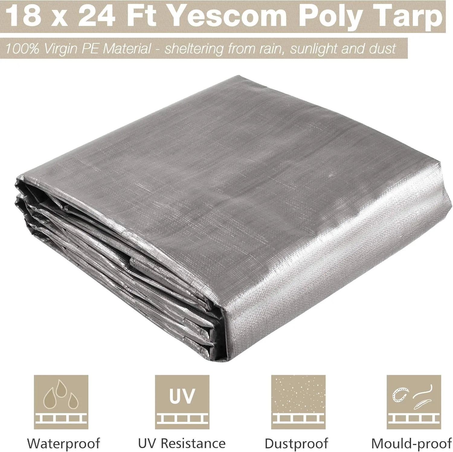 Yescom 18x24Ft 14 Mil Heavy Duty Reinforced Poly Tarp Reversible Waterproof Tarpaulin Ground Sheet Cover Reversible Silver Black Tarps