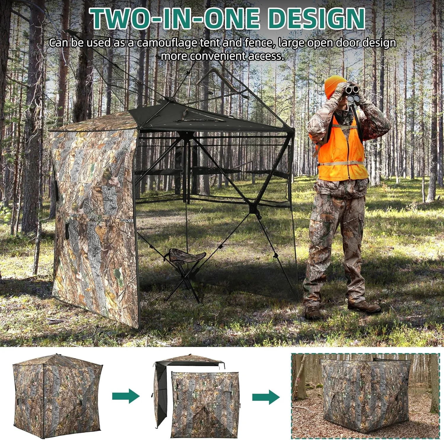YITAHOME 360 See Through Ground Blind for Deer Hunting, 2-3 & 3-4 Person Pop-up With Tri-Leg Chair, Silent Magnetic Zipper Door and Carrying Bag