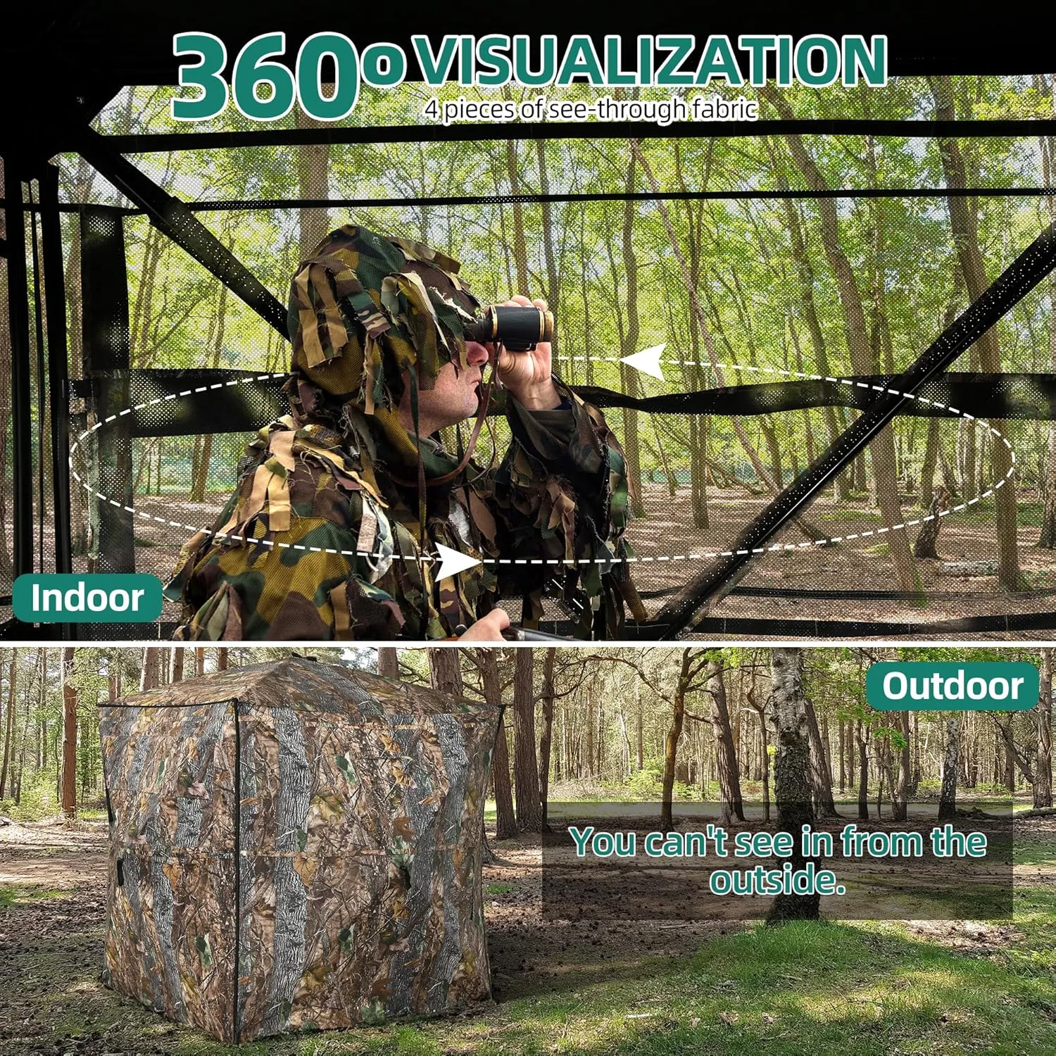 YITAHOME 360 See Through Ground Blind for Deer Hunting, 2-3 & 3-4 Person Pop-up With Tri-Leg Chair, Silent Magnetic Zipper Door and Carrying Bag