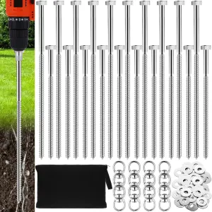 Zonon 20 Pack 3/8 x 12 Inch 8 Inch Ground Anchors Screw in Heavy Duty Ground Anchors Metal Tent Stakes Kit Hexagonal Tent Peg Spikes with Storage Bag for Securing Animals Carports Sheds Swing