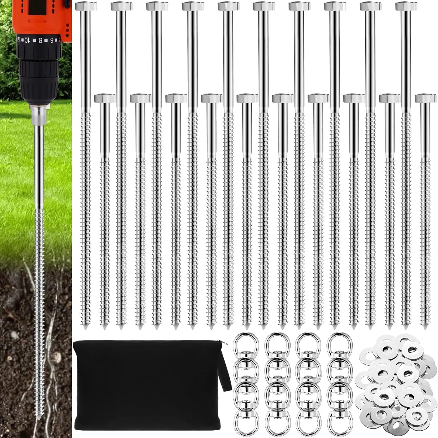 Zonon 20 Pack 3/8 x 12 Inch 8 Inch Ground Anchors Screw in Heavy Duty Ground Anchors Metal Tent Stakes Kit Hexagonal Tent Peg Spikes with Storage Bag for Securing Animals Carports Sheds Swing