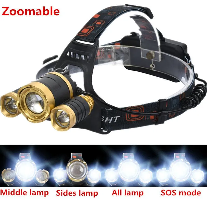 Zoomable 10000LM Zoom 3x XM-L T6 Headlamp High Power LED Headlight 4Mode Head Torch light by 18650 battery