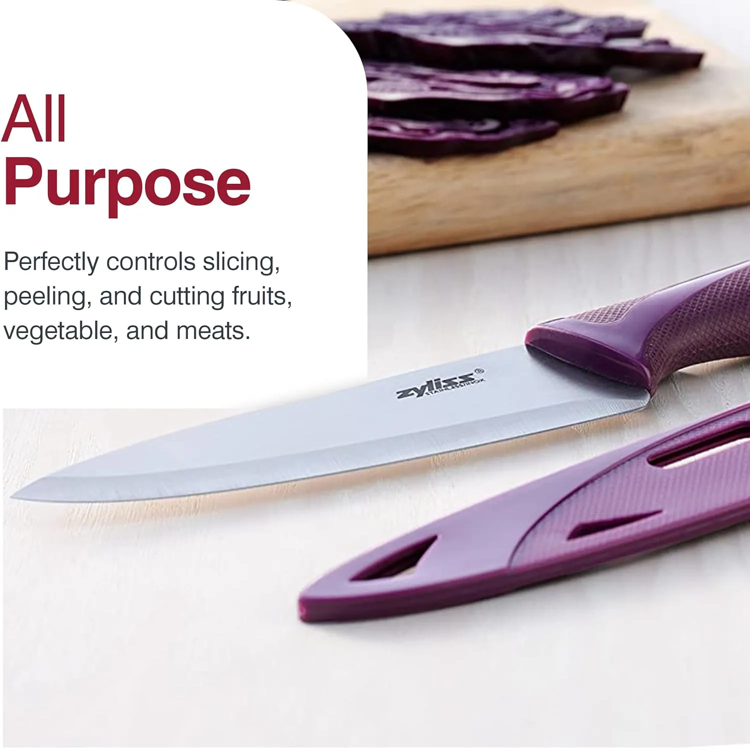 Zyliss Utility Knife with Sheath Cover - Precision Knife for Cutting & Slicing - Paring Knife for Meat, Fruits & Vegetables - Culinary Kitchen Knife - 5.5" Carbon Stainless Steel Blade - Purple